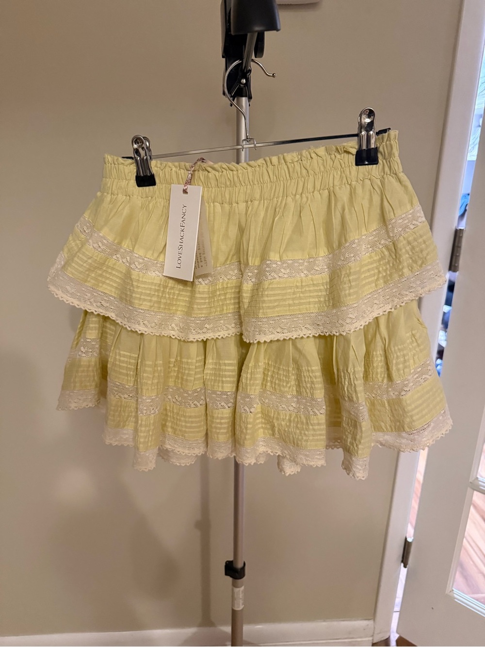 LoveShackFancy Pale Yellow Ruffled Lace Mini Skirt